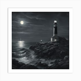 A Picturesque Lighthouse Standing Tall On A Rocky Coastline, Guiding Ships At Night Art Print