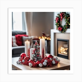 Christmas Decorations On Table In Living Room Art Print