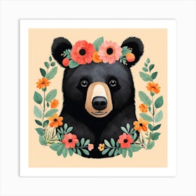 Floral Baby Black Bear Nursery Illustration (34) Art Print