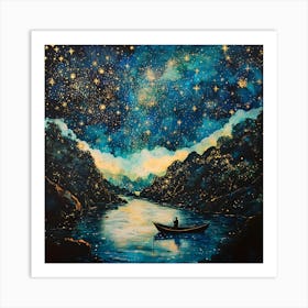 Starlit Serenity – Cosmic Night River Scene With Boat And Glowing Sky Wall Art Art Print