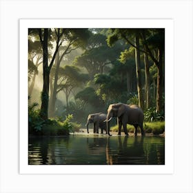 A Family Of Elephants Drinking From A Tranquil River In The Heart Of A Lush Jungle, With Tall Trees And Greenery Framing The Scene Art Print