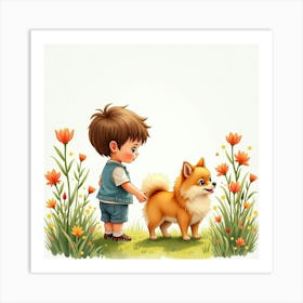 Watercolor Image Of A Child And A Pomeranian In A Beautiful Spring Garden Art Print