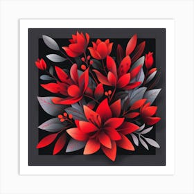 Red Flowers On Black Background Art Print