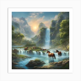 Horses By The Waterfall Art Print