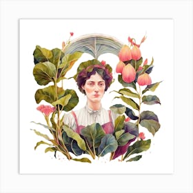 Artistic Representation of a Woman with Umbrella in a Garden Art Print