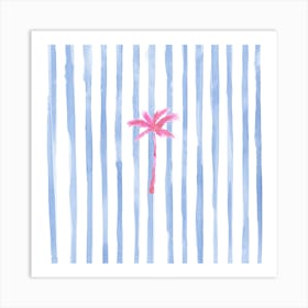 Blue Stripe Pink Palm Tree Square Art Print