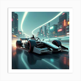 Futuristic Formula Car With Sleek Lines Speeding Through A Cyberpunk Landscape 1 Art Print