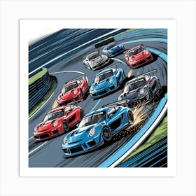 High Speed Cars Compete On A Winding Race Track, Engines Roaring As They Drift Through Tight Corners And Accelerate On Straight Stretches Art Print