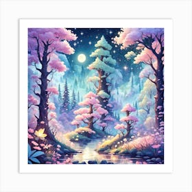 A Fantasy Forest With Twinkling Stars In Pastel Tone Square Composition 38 Art Print