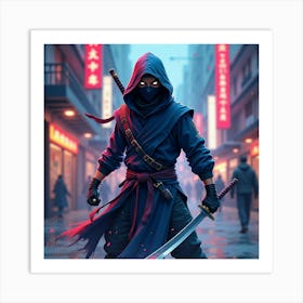 Ninja Fighter With A Watercolor Shuriken In A Neon City 1 Art Print