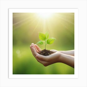 Hand Holding Young Plant With Sunlight Concept Eco Earth Day 2 Art Print