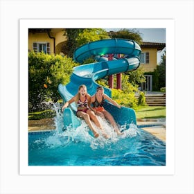 Two Girls On A Water Slide 1 Art Print