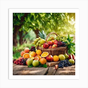 Fruit Basket On Wooden Table Art Print