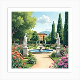 Tranquil Watercolor Of An Italian Garden, Featuring Classic Sculptures And Blooming Flowers 1 Art Print