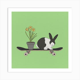 Bunny On Skateboard, daffodils, Easter, rabbit, illustration, wall art Art Print