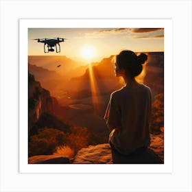 How to Capture the Grand Canyon’s Beauty: A Travel Vlogger’s Drone Camera and Silhouette at Sunset Art Print