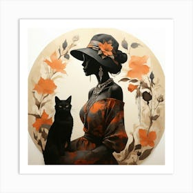 Boho Art Silhouette of a stylish woman with a cat 1 Art Print
