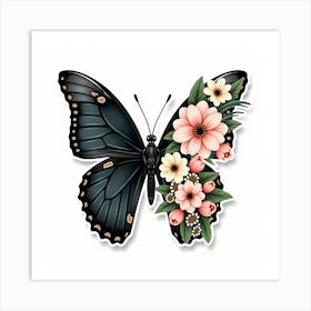 Black Butterfly With Pink Flowers Art Print