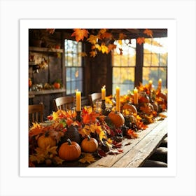 Autumn Table Decor Sprawling Across A Rustic Wooden Table Scattered Bright Orange Pumpkins Accompan (1) Art Print