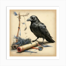 Crow And Feathers Art Print