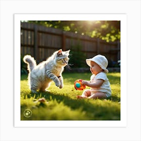 Baby Playing With Cat Art Print