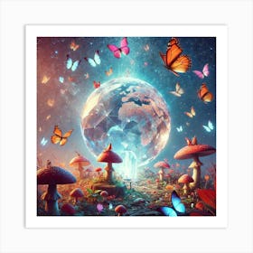 Mushrooms And Butterflies Art Print