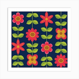 Mid Century Mod Retro Red Flowers with Leaves Art Print