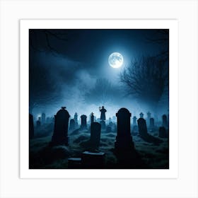 Cemetery Scene On A Halloween Night With Fog And Ghostly Silhouettes Against The Night Sky Haunted (5) Art Print