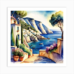 Watercolor Of A Seaside Village Art Print