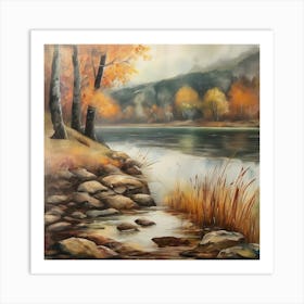 Autumn Lake,Forest Lake, Vintage Oil Painting, Farmhouse Wall Decorations, Antique Landscape, Vintage Landscape Oil Painting.7 4 Art Print