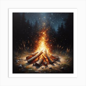 Fire and Stars: A Realistic Painting of a Campfire with Details and Textures Art Print