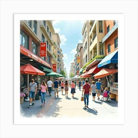 Busy Urban Street Scene In Watercolor, With Shops And Pedestrians Art Print