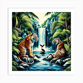 Geometric Art Tigers at the waterfall 1 Art Print