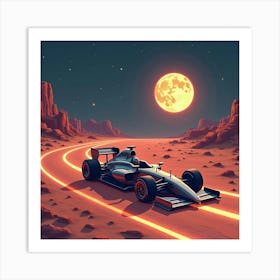 Futuristic Formula Car Navigating A Glowing Desert Track Under A Bright Alien Moon 1 Art Print