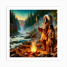 Oil Texture Native American Father And Son By Stream 2 Copy Art Print