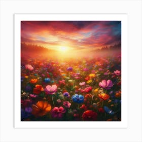 Flower Field At Sunset 9 Art Print