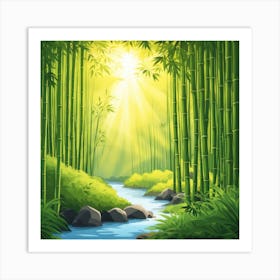 A Stream In A Bamboo Forest At Sun Rise Square Composition 221 Art Print