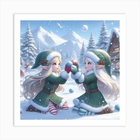 Christmas Elves in winter Art Print