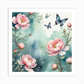 Pink Peonies With Butterflies Art Print