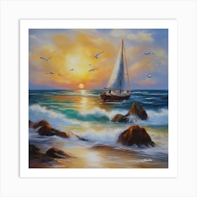 Oil painting design on canvas. Sandy beach rocks. Waves. Sailboat. Seagulls. The sun before sunset.4 Art Print