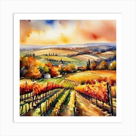 Vineyard Landscape Watercolor Painting Art Print