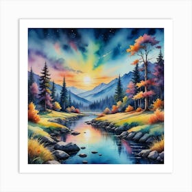 Whispering Waters in a Kaleidoscopic Landscape Sunset By The River Art Print