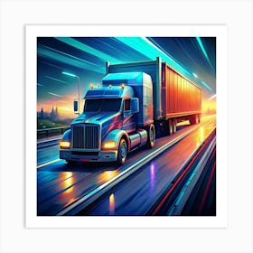 Semi Truck Driving On A Highway At Night Art Print