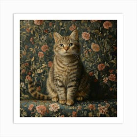 Cat On Floral Wallpaper Art Art Print