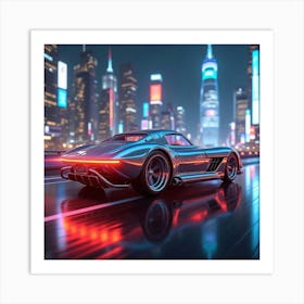 Glowing Futuristic Car With Sleek Chrome Finish, Gliding Through Vibrant Cityscape 1 Art Print