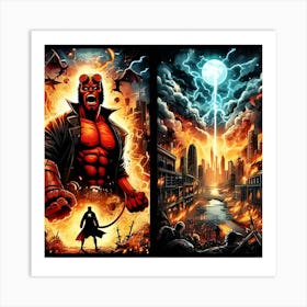 A Page For A Fantasy Comic Book Starring Hellboy Fighting An Epic Battle In A Fiery Apocalyptic Cityscape, Highlighting Explosions And Supernatural Elements Using Vivid Comic Styles And Visual Effects Art Print