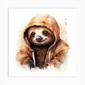 Watercolour Cartoon Sloth In A Hoodie 3 Art Print