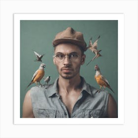 Portrait Of A Man With Birds Art Print