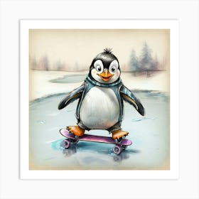 Penguin On Skateboard 1 Art Print