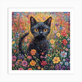 Black Cat In A Flower Field 4 Art Print